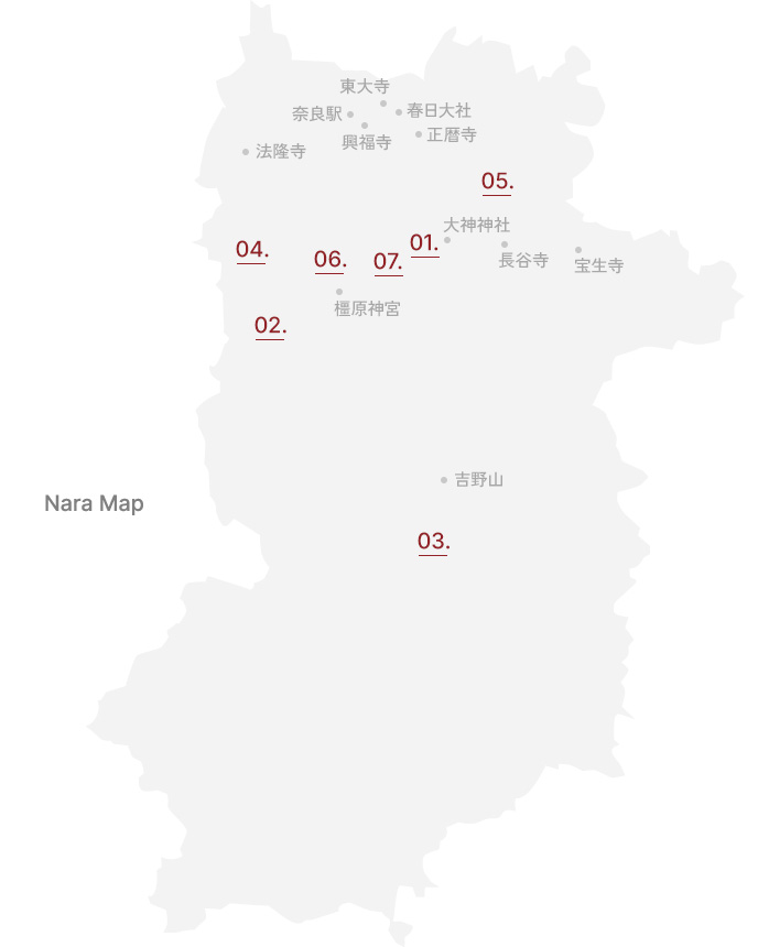 奈良県の取材地マップ（東大寺・春日大社・法隆寺・橿原神宮・吉野山ほか）